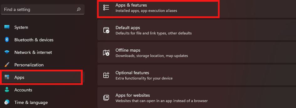 Go to apps and Select Apps and Features