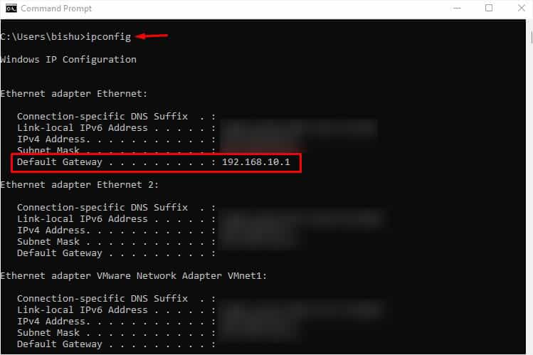 ipconfig default gateway