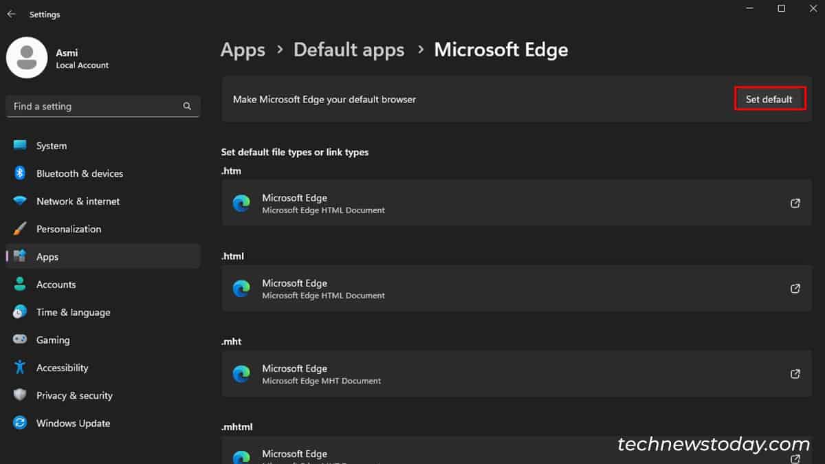 Set MS Edge as the default app