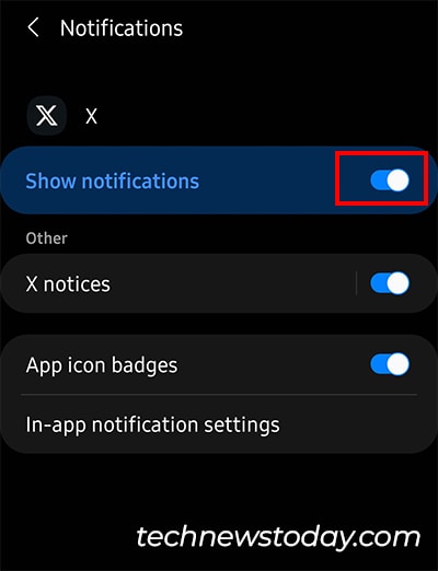 Find X and Toggle on the button for Show notifications