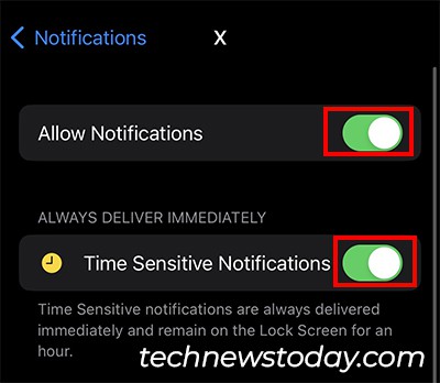 Toggle On for Allow Notifications and Time-Sensitive Notifications