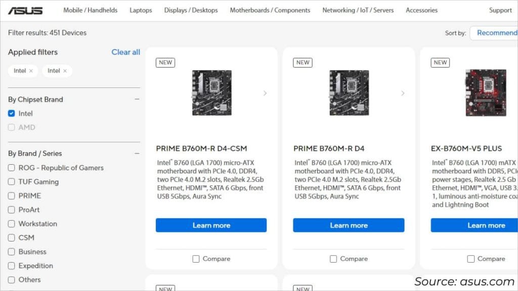 asus product catalog page for shopping motherboard